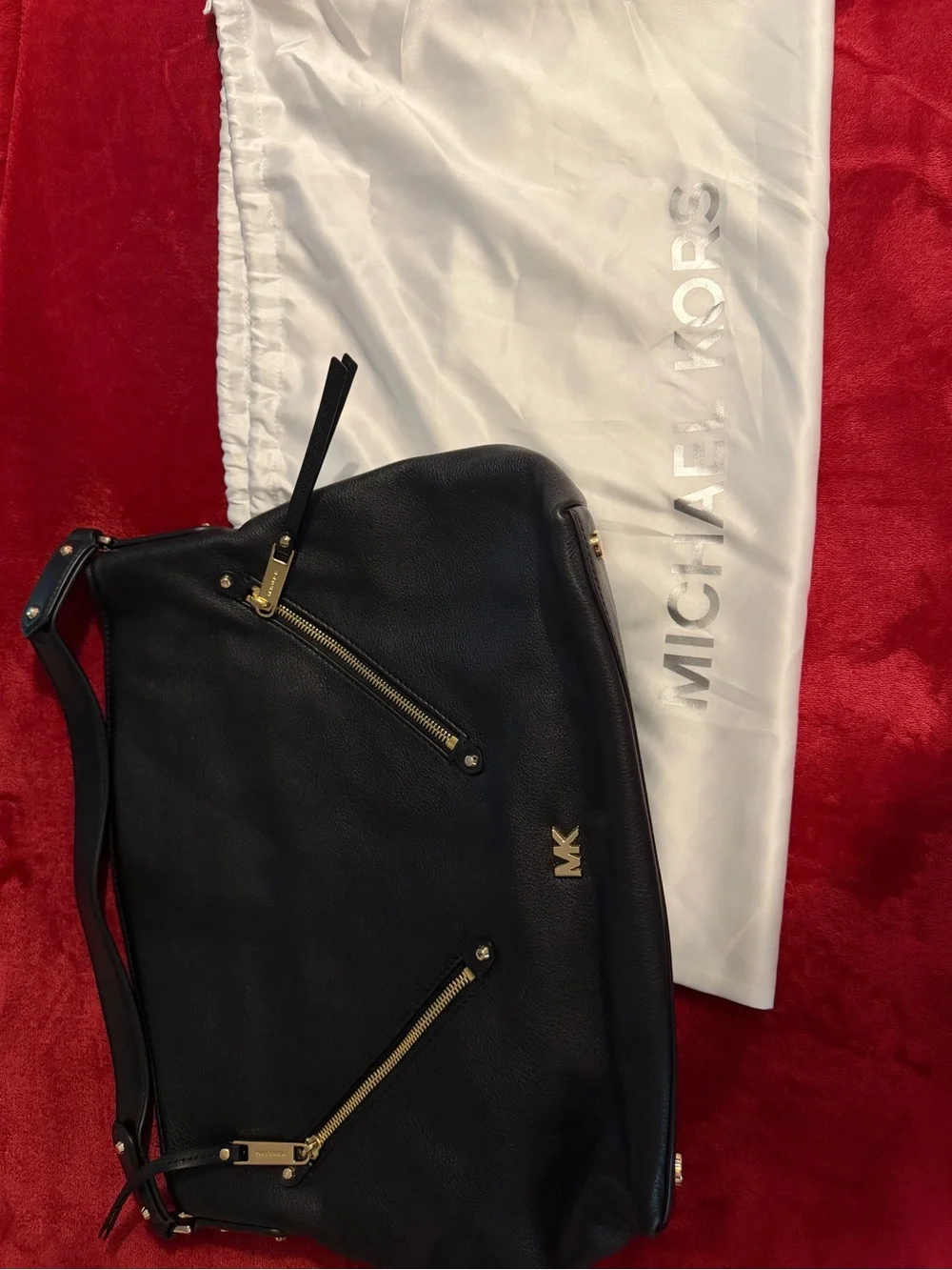 Michael Kors Black Leather Hobo Shoulder Bag with Gold Accents